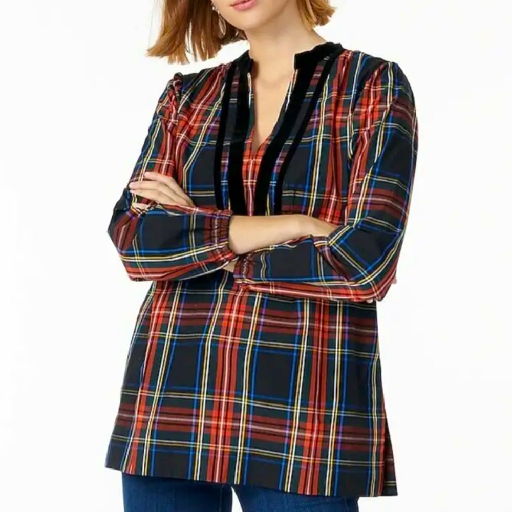J. Crew Stewart Tartan Plaid Velvet Trim VNeck Side Slit Tunic Blouse Size Small